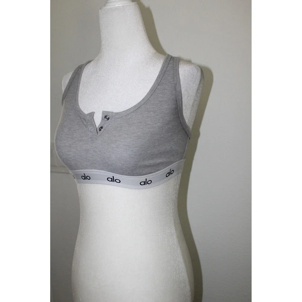 Alo Yoga Wellness Bra Heather Grey Ribbed‎ Henley Racerback Sport Bralette Small